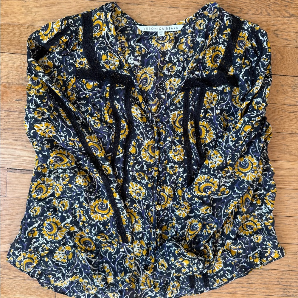Veronica Beard Black and Yellow Floral Blouse